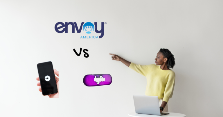 A woman confidently pointing at a whiteboard with a comparison between Envoy America and Uber/Lyft logos. The whiteboard highlights key differences, showcasing why more drivers are switching to Envoy America for guaranteed pay, better support, and community impact. The Envoy America logo stands out, representing a superior alternative for rideshare drivers looking for stability and meaningful work. The woman’s gesture emphasizes the clear advantages, inviting drivers to consider the switch for a more rewarding experience.