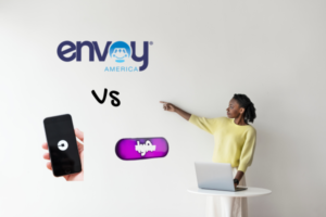 A woman confidently pointing at a whiteboard with a comparison between Envoy America and Uber/Lyft logos. The whiteboard highlights key differences, showcasing why more drivers are switching to Envoy America for guaranteed pay, better support, and community impact. The Envoy America logo stands out, representing a superior alternative for rideshare drivers looking for stability and meaningful work. The woman’s gesture emphasizes the clear advantages, inviting drivers to consider the switch for a more rewarding experience.